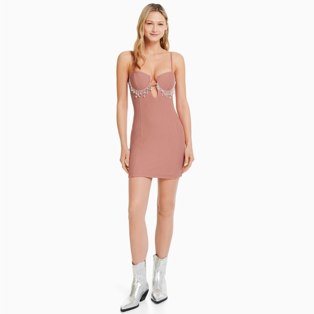 NEW BERSHKA Fitted strappy mini dress with faux pearl details